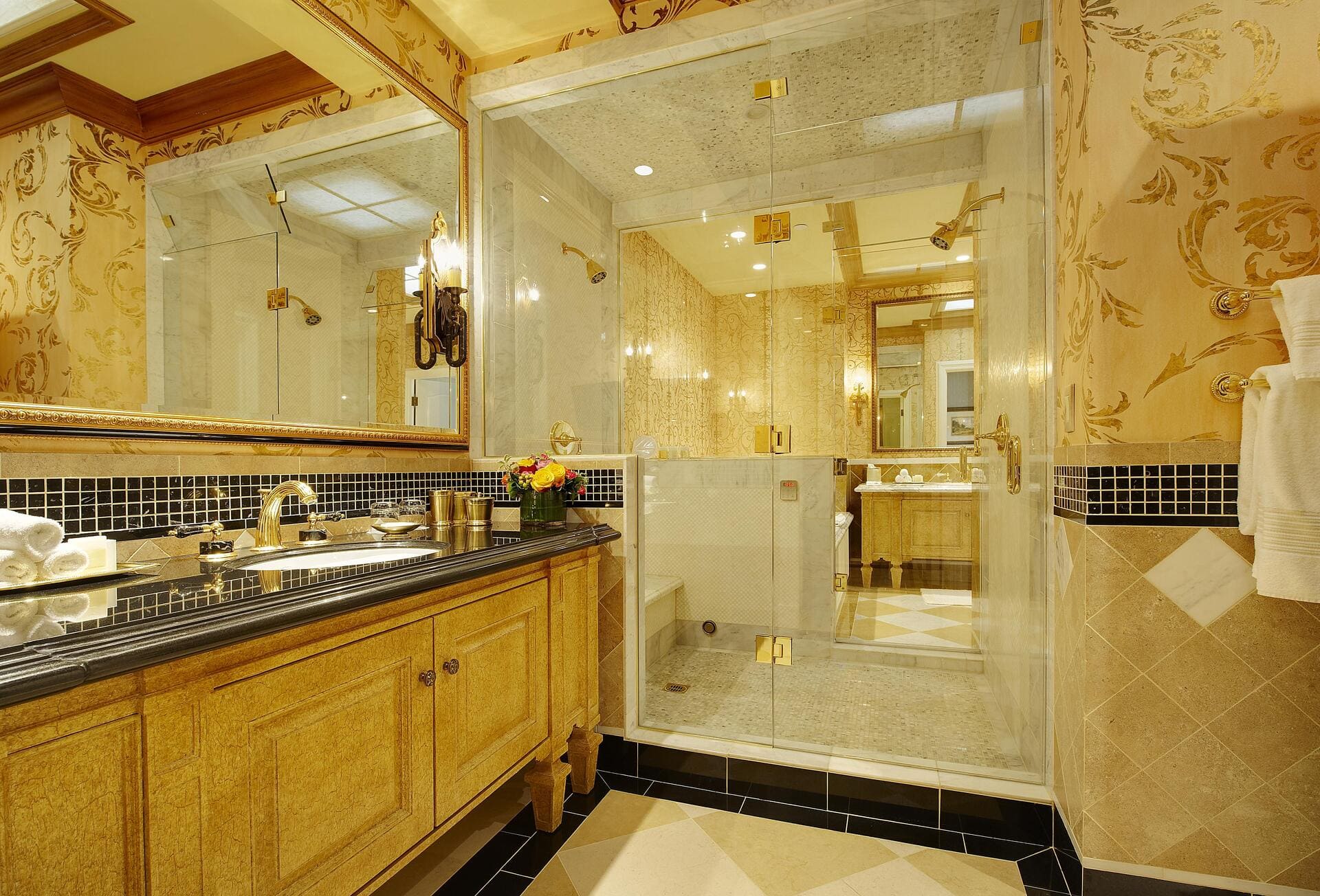 Bathroom sink and walk-in shower