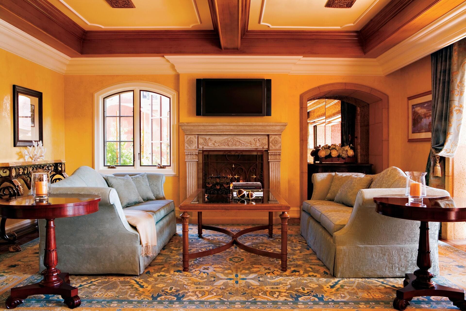 living room with blue couches