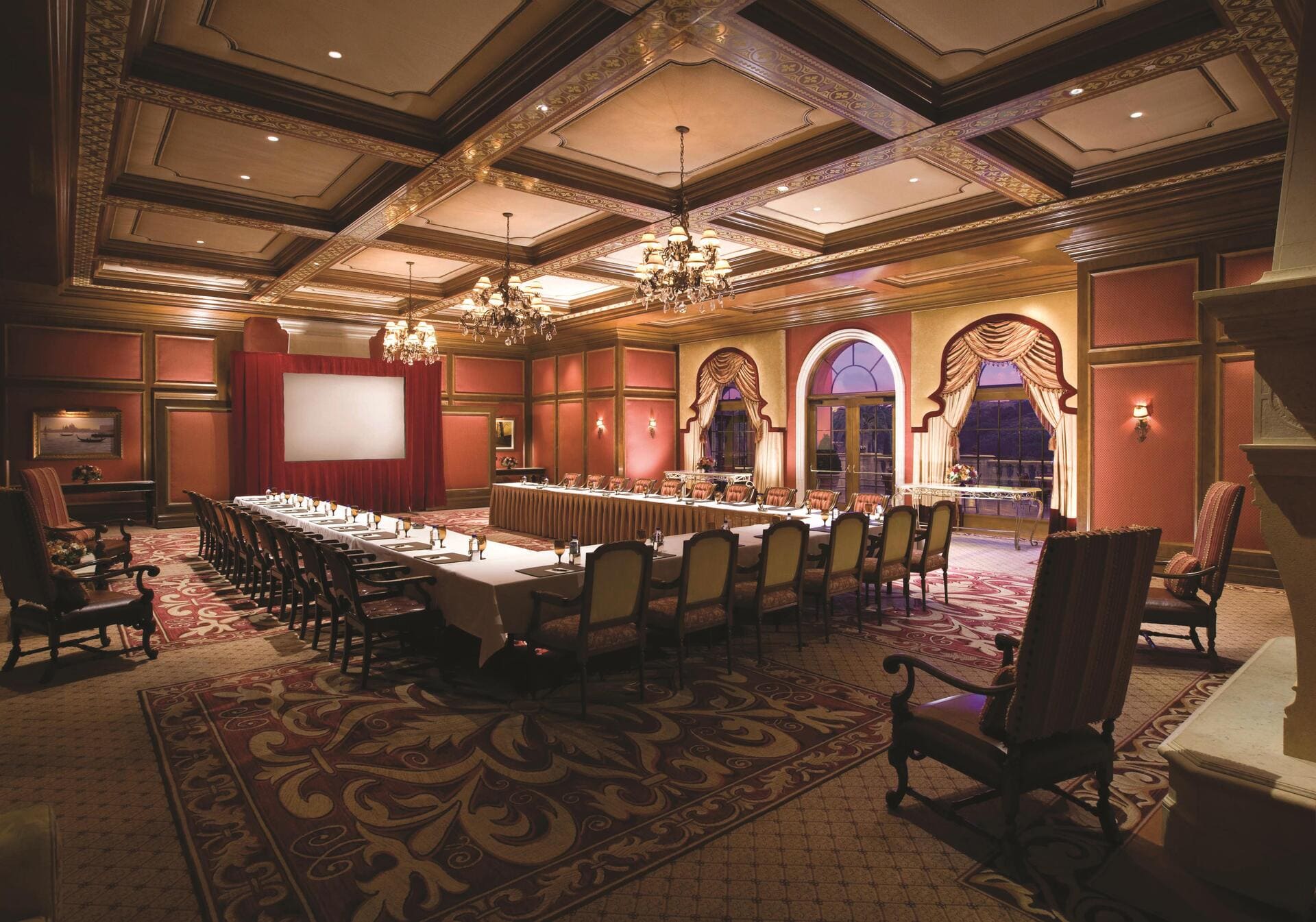 Meeting room set up with U-shaped table