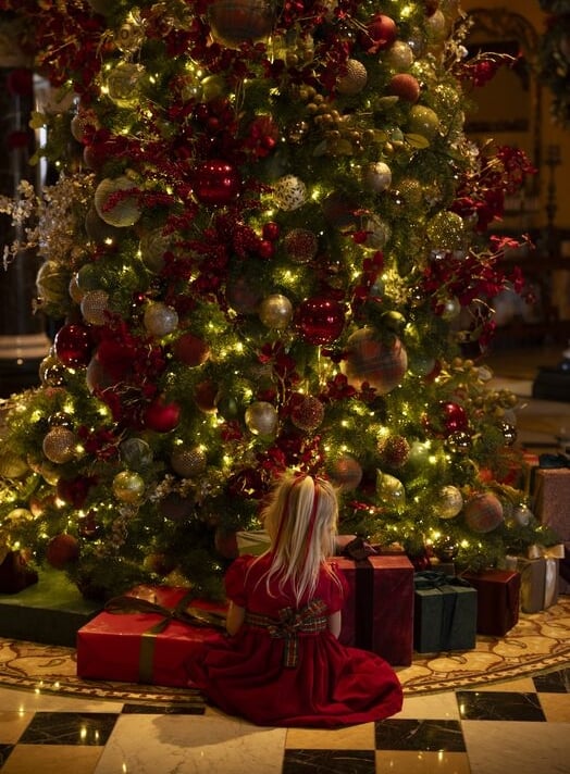Girl at Christmas Tree in Lobby Lounge of Fairmont Grand Del Mar