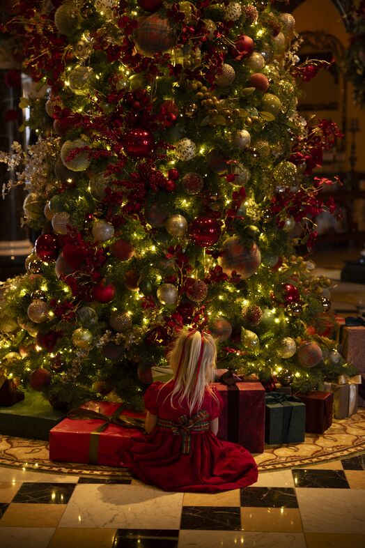 Girl at Christmas Tree in Lobby Lounge of Fairmont Grand Del Mar